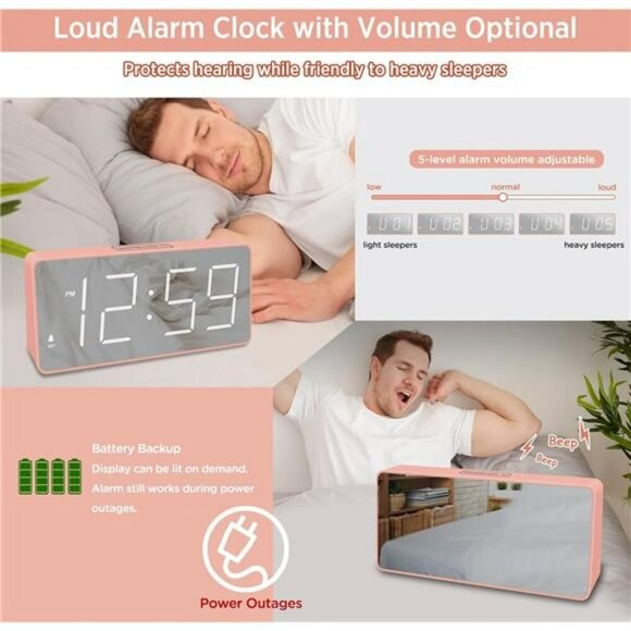 Peakeep Pink Digital Alarm Clock Loud Mirror Display Battery Backup Seniors - Picture 4 of 7